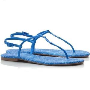 TORY BURCH Sandals Emmy Stitched Logo Leather Flat Thong Blue Ocean Breeze